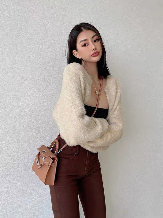 liviahome European and American sweet and spicy apricot wool knitted cardigan women's short outer shawl jacket 2023 autumn (T193)
