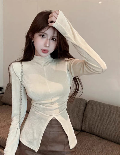 French Spice Girl Half High Collar Slim Bottom Shirt Women's Spring and Autumn Inner Wear Design Sense Niche Slit Long Sleeve T-Shirt Top