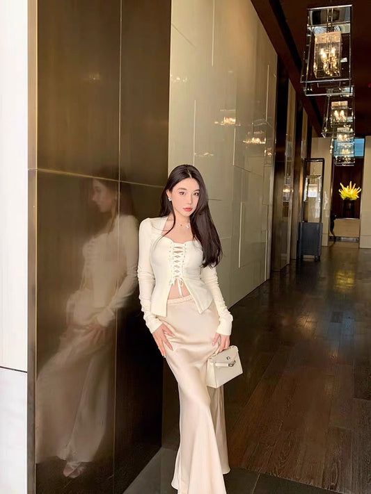 Doudoujiang chic/At first glance/Sexy temperament long-sleeved knitted sweater women's slim-fitting pure desire knitted top (T067)