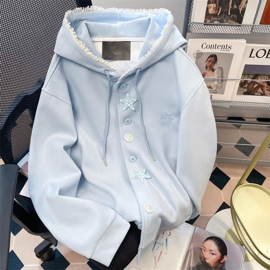 Milk fufu blue striped angel puppy sweater coat women's autumn and winter gentle Japanese style thick hooded knitted cardigan