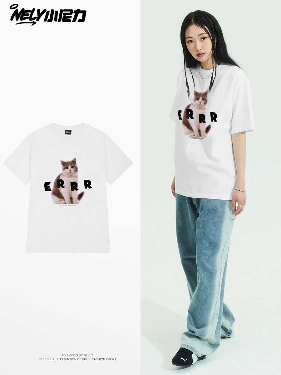 nely small nely pure cotton cat print round neck loose short-sleeved T-shirt men and women 2024 casual niche ins top