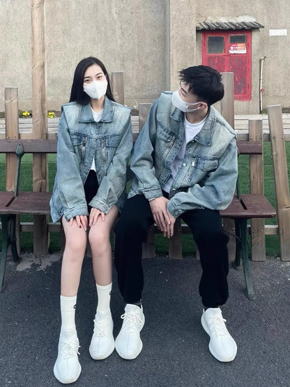 American style old denim jacket men's spring and autumn design sense loose high-level lapel casual couple jacket ins tide