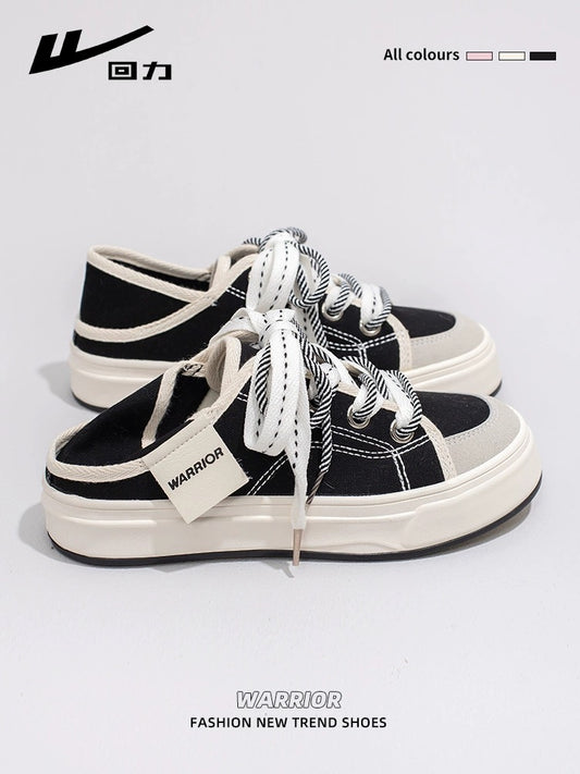 Pull back two-wear canvas shoes for women 2024 spring new one-legged lazy slippers sneakers casual white women's shoes