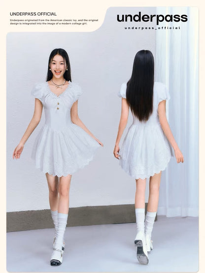 Underpass original design white sweet embroidered lace puff sleeves tie waist puffy dress for women