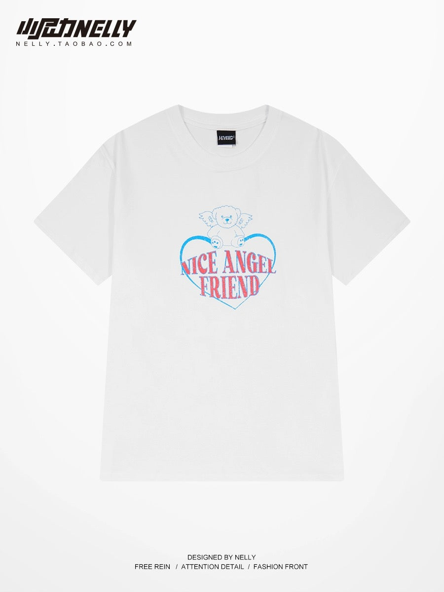 Heavy American cleanfit love bear angel couple short-sleeved T-shirt men and women summer trendy brand pure cotton half-sleeve