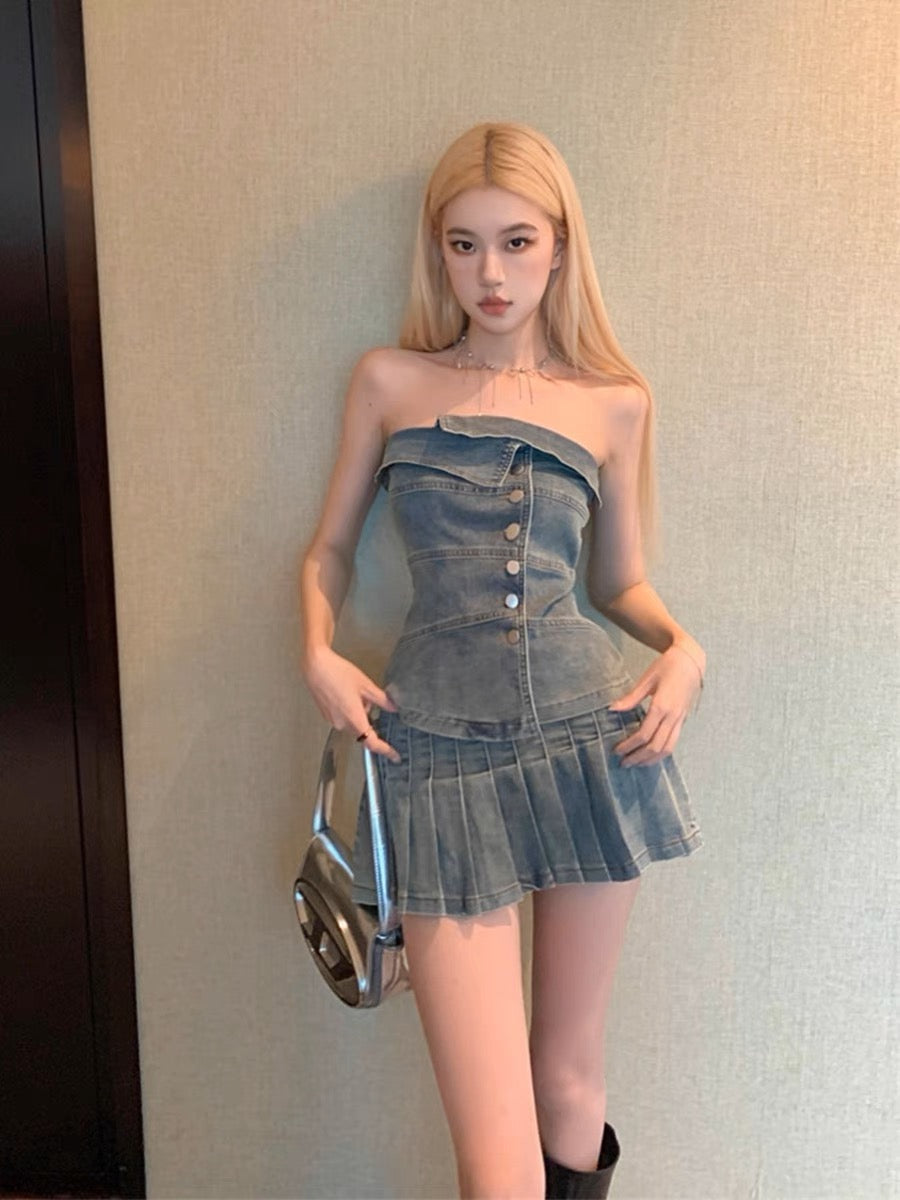 MOXI Millennial Hot Girl Summer Distressed Punk Rock Denim Top with Lapel + Pleated Denim Skirt