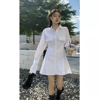 Polo collar shirt dress women's autumn 2023 new design sense niche waist slimming white long-sleeved skirt