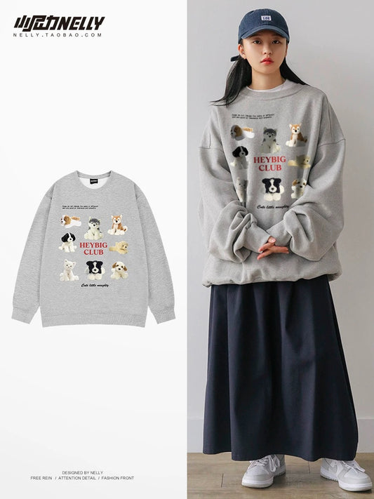 American heavyweight sweatshirt for men and women in autumn and winter cartoon dog trendy brand high street oversize couple plus velvet bottoming shirt