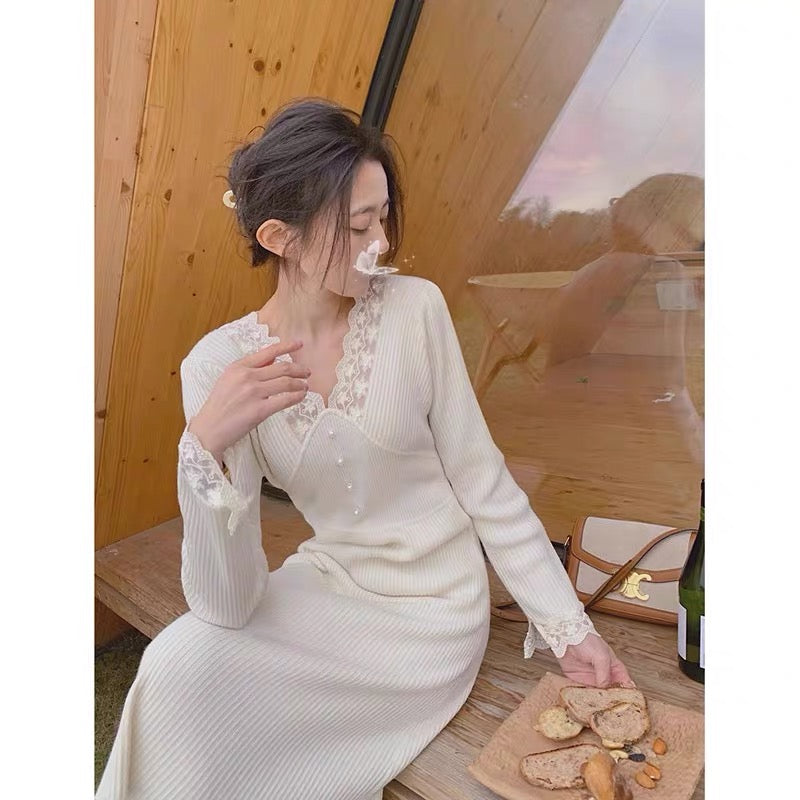 European station's new autumn style elegant lady lace splicing stunning and beautiful long skirt with intellectual dress underneath