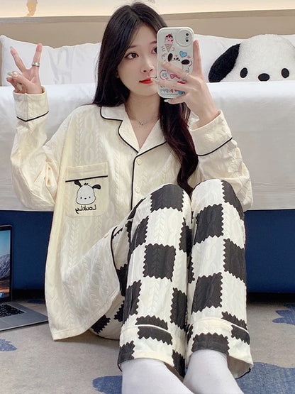 Pajamas women summer cardigan long-sleeved trousers suit summer ladies 2024 new cartoon spring autumn winter home clothes