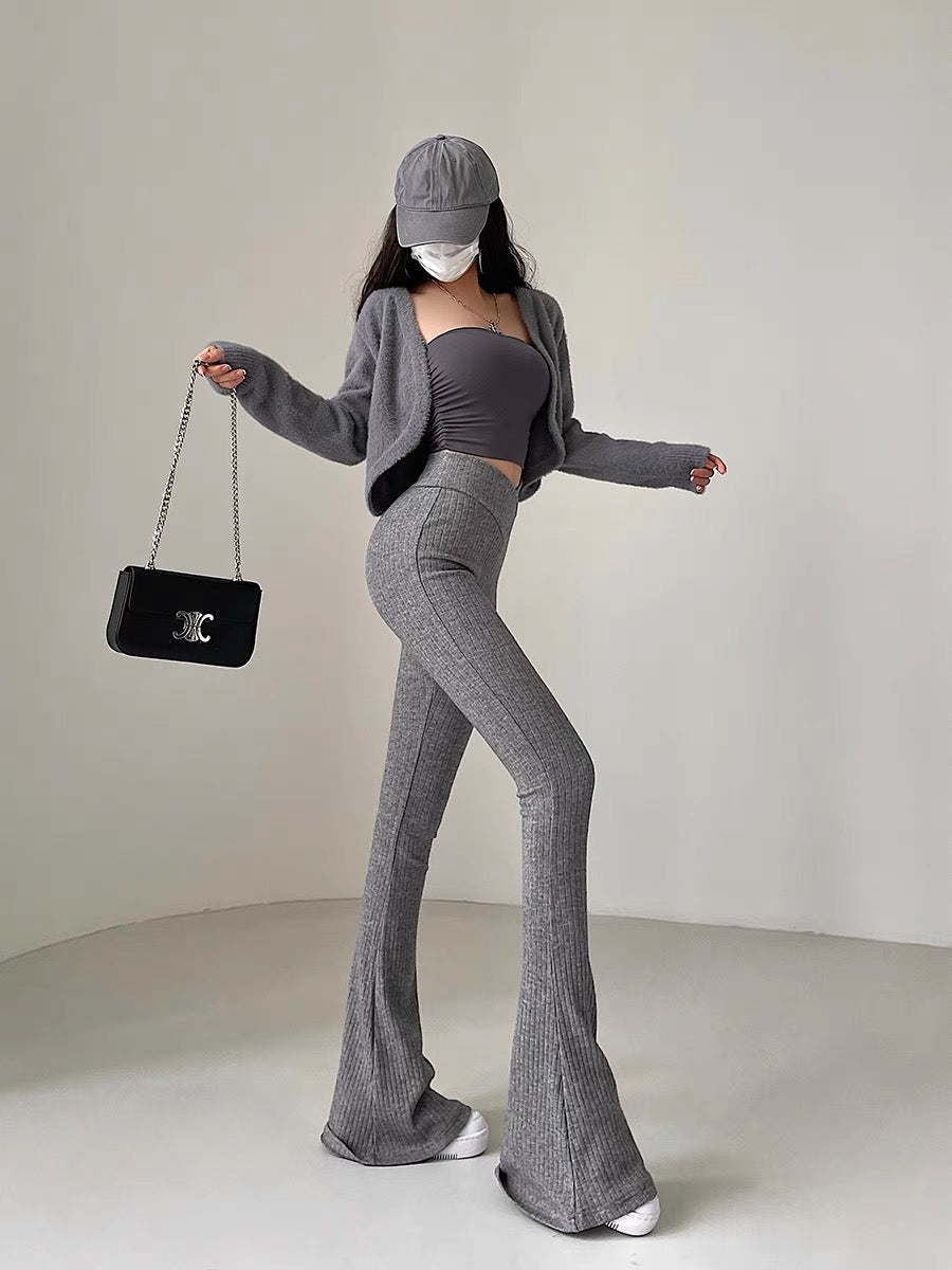 YoungGirlDay European and American high-waisted V-shaped waist tight slightly flared leg-length knitted casual pants floor-length trousers (B1815)