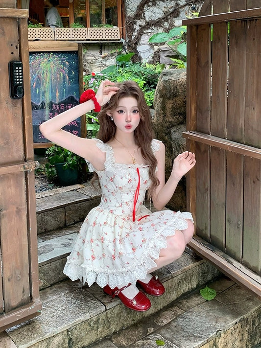 Illustration of WAHJU Love in Crisis Floral Sweet First Love Design Summer Dress Female Temperament Suspender Skirt