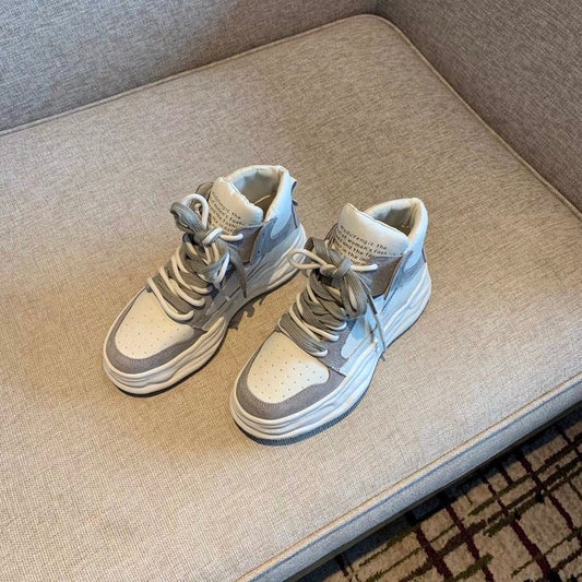 High-top casual shoes women's ins2023 new color-blocking lace-up leather thick-soled sneakers women's shoes heightening melting shoes (G013)
