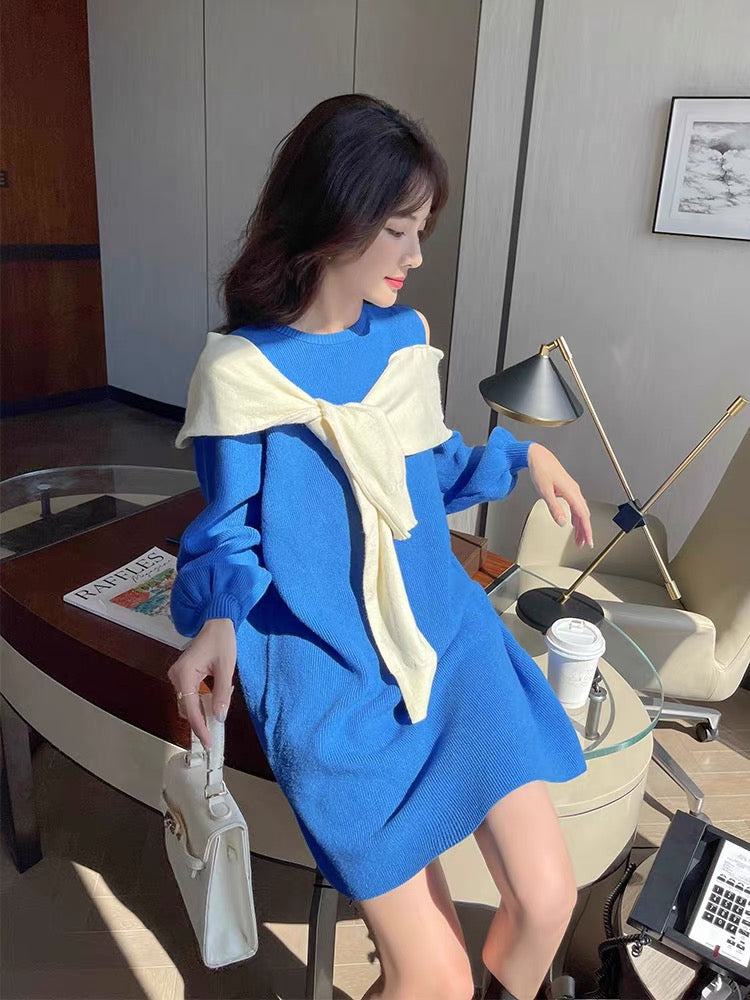 Winter 2023 new autumn high-end sweater dress autumn and winter Klein blue French knitted skirt women's winter T2347