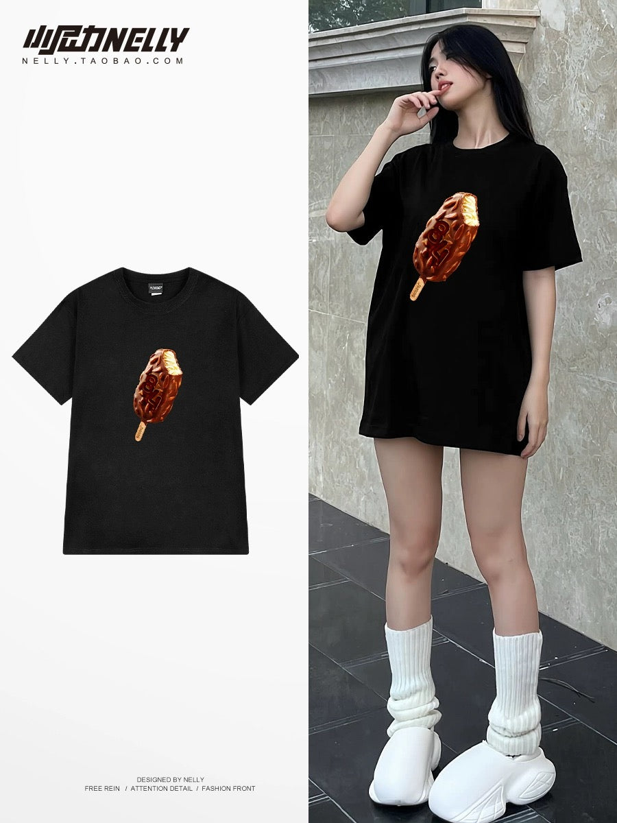 Fun ice cream print short-sleeved T-shirt for men and women new summer couple tops half-sleeved round neck casual sports T-shirt