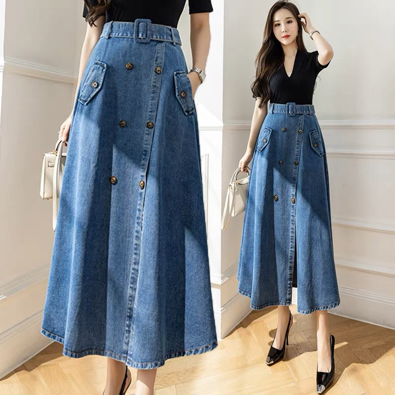 High-waist slit denim skirt for fall and winter with niche design, hip-hugging umbrella skirt, mid-length A-line skirt that reaches the ankle