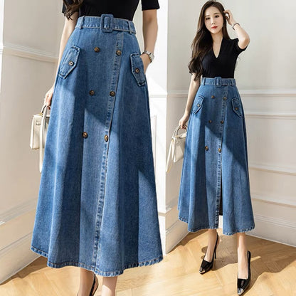 High-waist slit denim skirt for fall and winter with niche design, hip-hugging umbrella skirt, mid-length A-line skirt that reaches the ankle