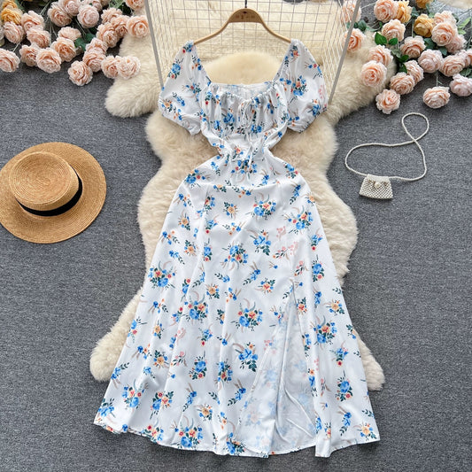 French pure desire high-grade floral puff sleeve dress for women summer slim temperament super fairy forest style slit long skirt