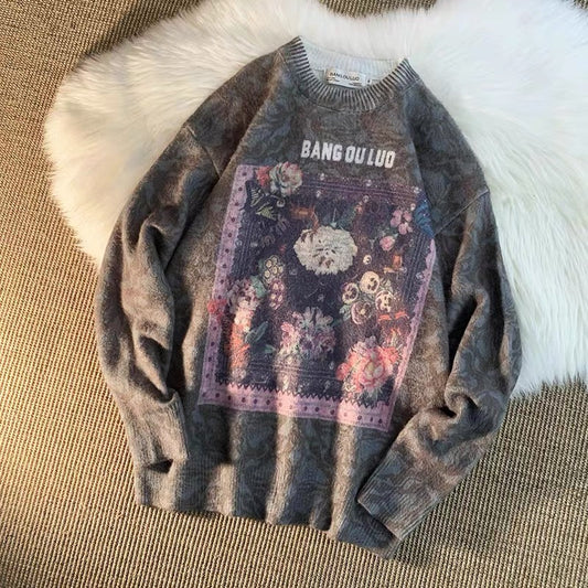 Tie-dye oil painting printed round neck sweater for men and women trendy brand loose bf style couple sweater ins trend (T0672)