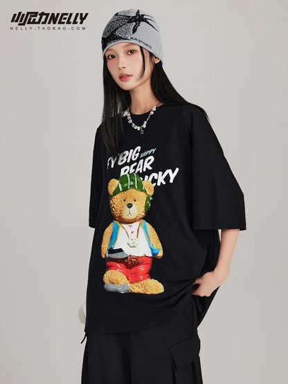 European and American cartoon bear short-sleeved T-shirts for men and women trendy brands ins loose casual summer thin T-shirts for couples half-sleeved shirts