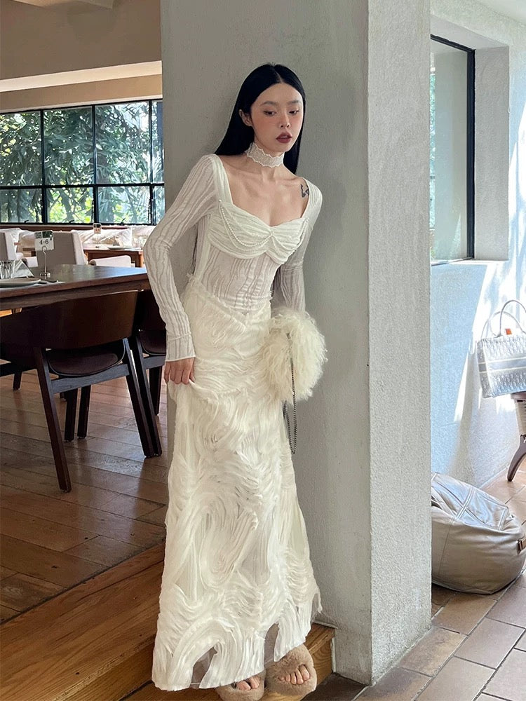 YanaRita Sky Garden of Eden French romantic white textured splicing design square collar knitted dress
