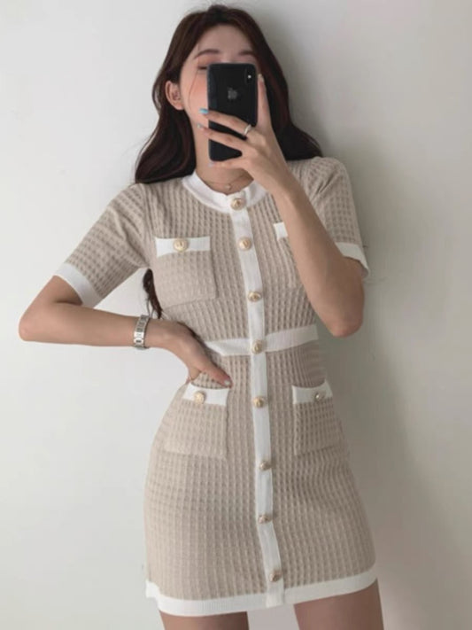 Korean chic summer women's clothing retro niche round neck contrasting color design slim hip hip skirt knitted dress for women