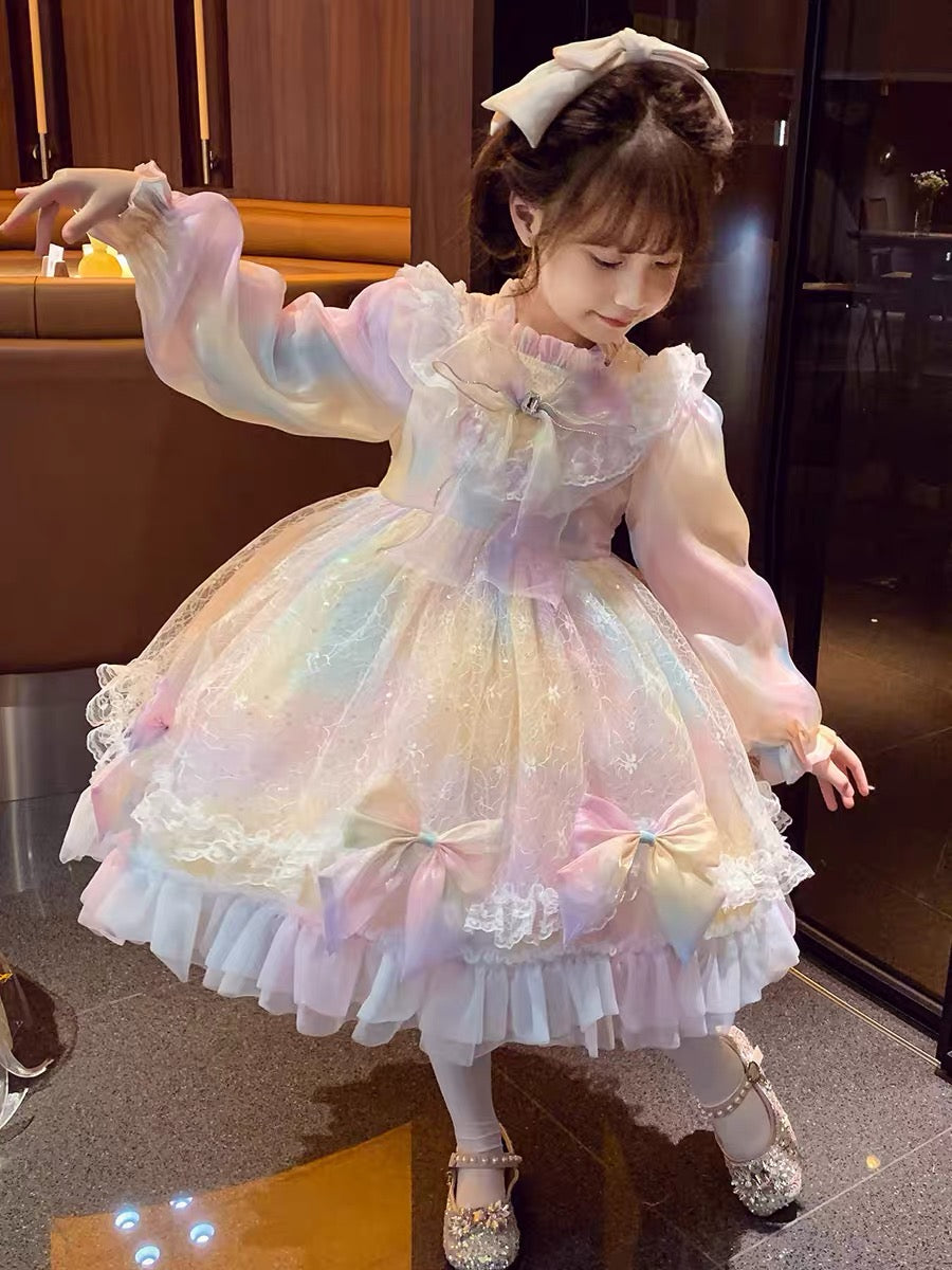Girls Lolita Princess Dress Little Girls Autumn Clothing 2023 New Style Children's Puffy Rainbow Mesh Dress