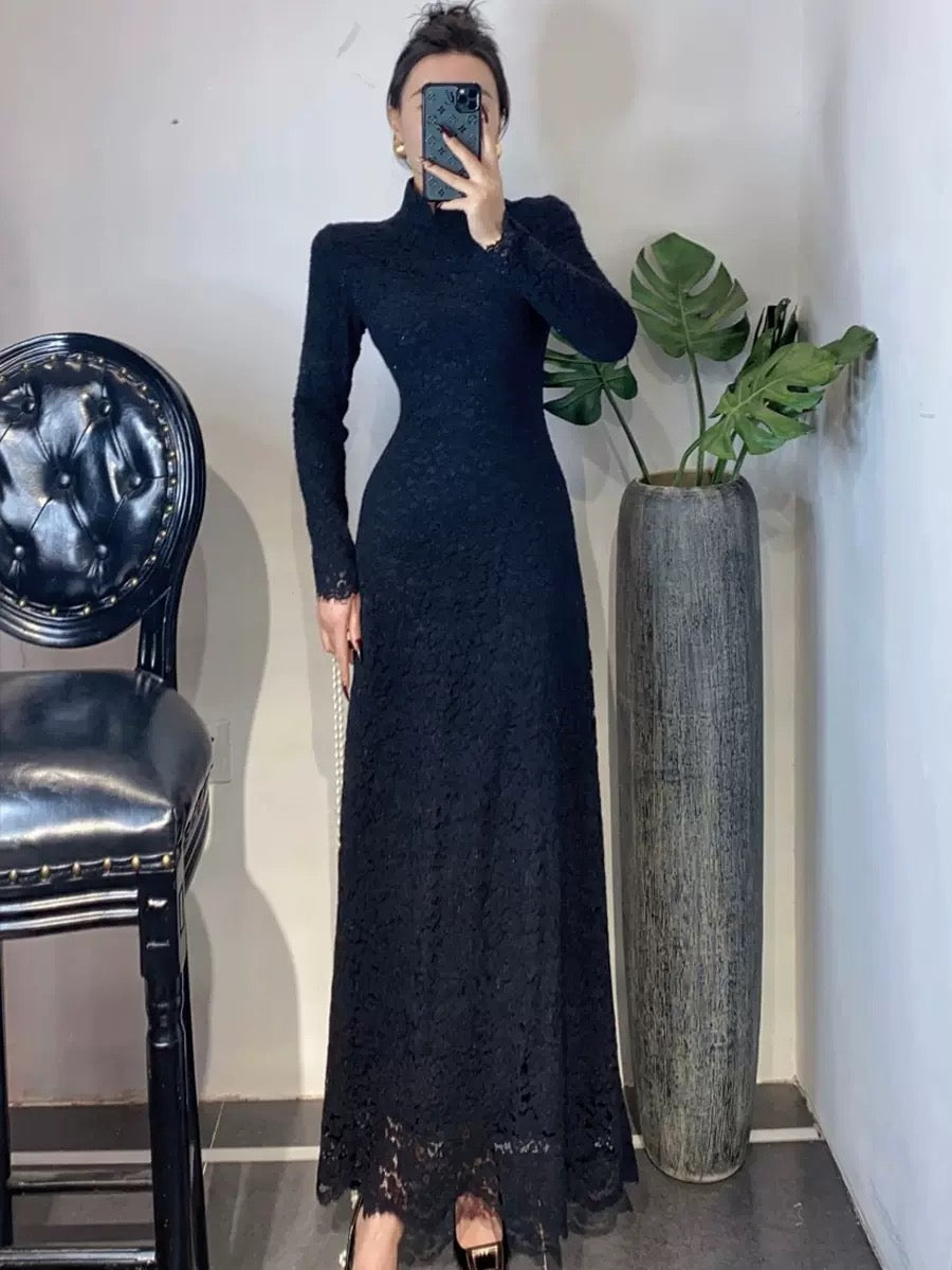 National style new Chinese style cheongsam stand collar slim mink velvet lace dress spring autumn winter red elegant dress black and white