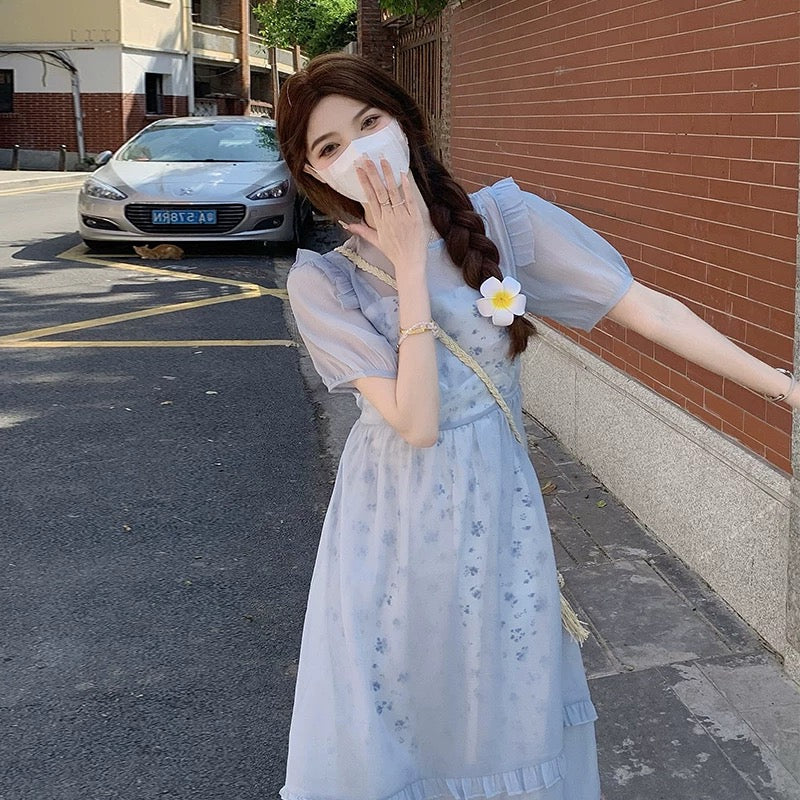 Summer Platycodon First Love Floral Niche Art Dress Gentle Date Wear Matching Nipple Long Skirt Two-piece Suit