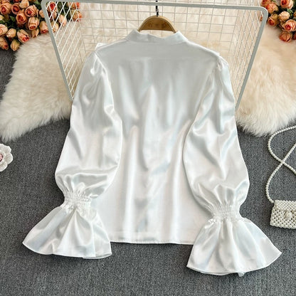 Palace-style retro temperament bell-sleeved stand-up collar acetate satin shirt French design foreign style loose top for women