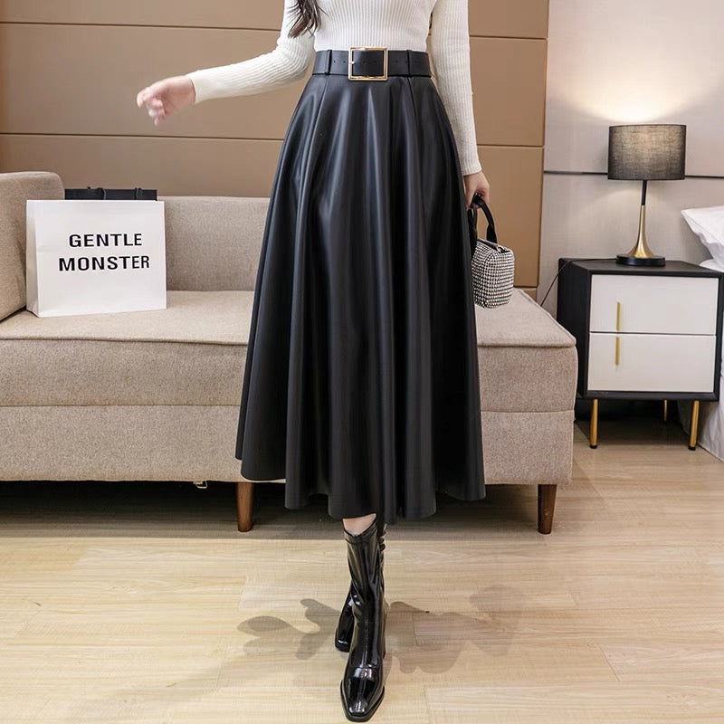 Brown leather skirt 2023 new high-waisted pleated A-line skirt for women autumn and winter mid-length hip-covering long skirt