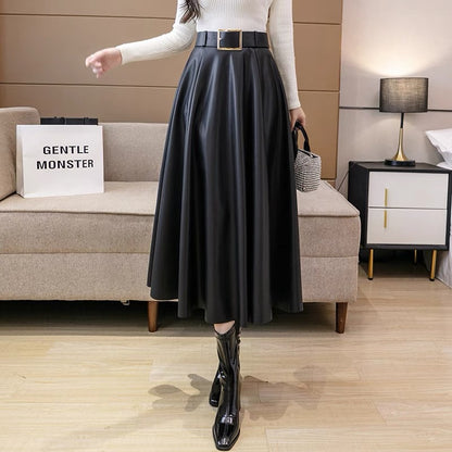 Brown leather skirt 2023 new high-waisted pleated A-line skirt for women autumn and winter mid-length hip-covering long skirt