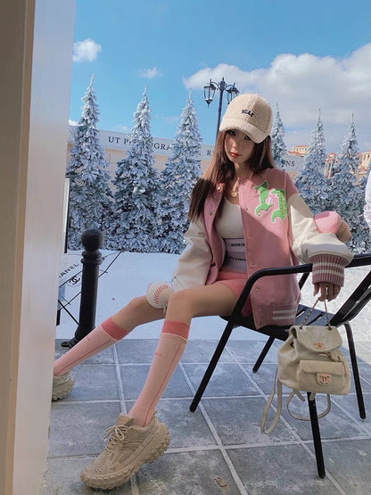 Earth Store pink age-reducing sweet cool heavy industry bear baseball uniform for women spring and autumn new sweet cool American style unique jacket