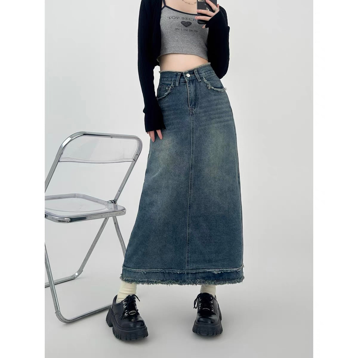 Plus size fat mm denim skirt women's mid-length high-waisted slimming long skirt pear-shaped figure A-line autumn A3363