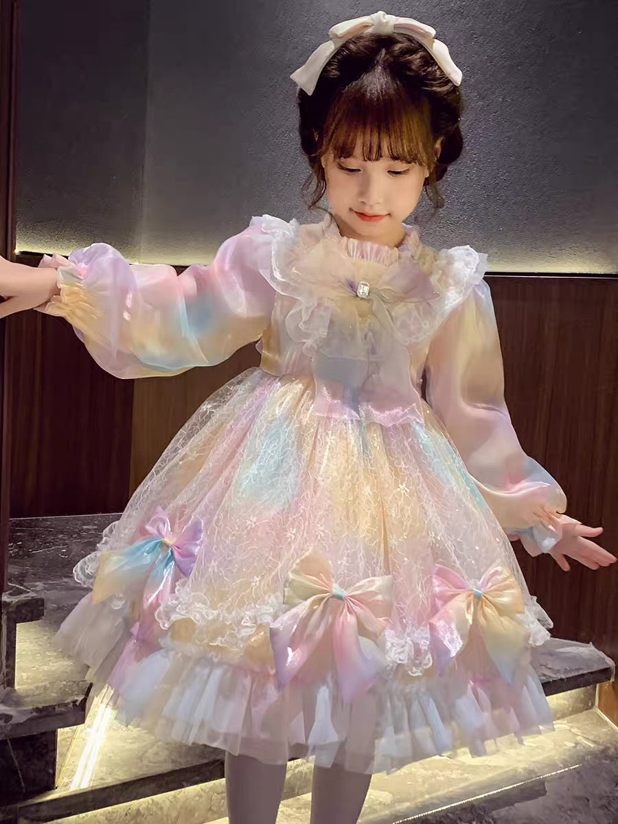 Girls Lolita Princess Dress Little Girls Autumn Clothing 2023 New Style Children's Puffy Rainbow Mesh Dress