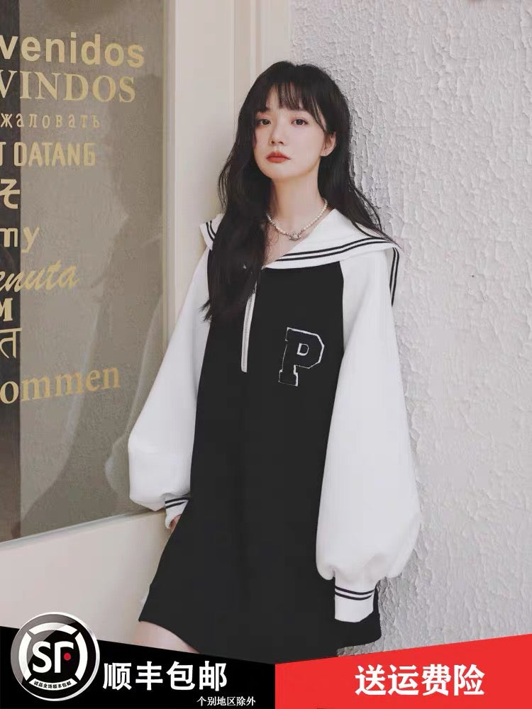 Navy collar sweatshirt dress for women spring mid-length 2023 new small loose sweet college style skirt