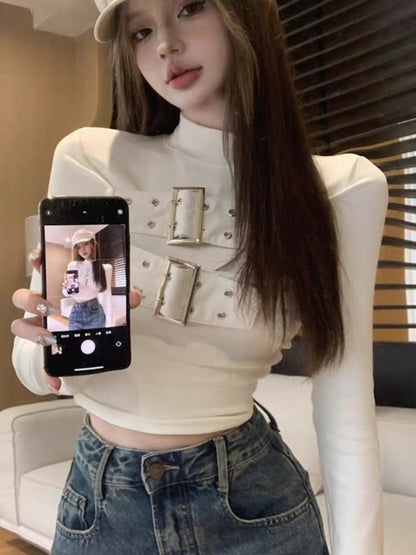 Functional style cool hot girl half-high collar metal button long-sleeved bottoming shirt for women retro high-end tight slimming top