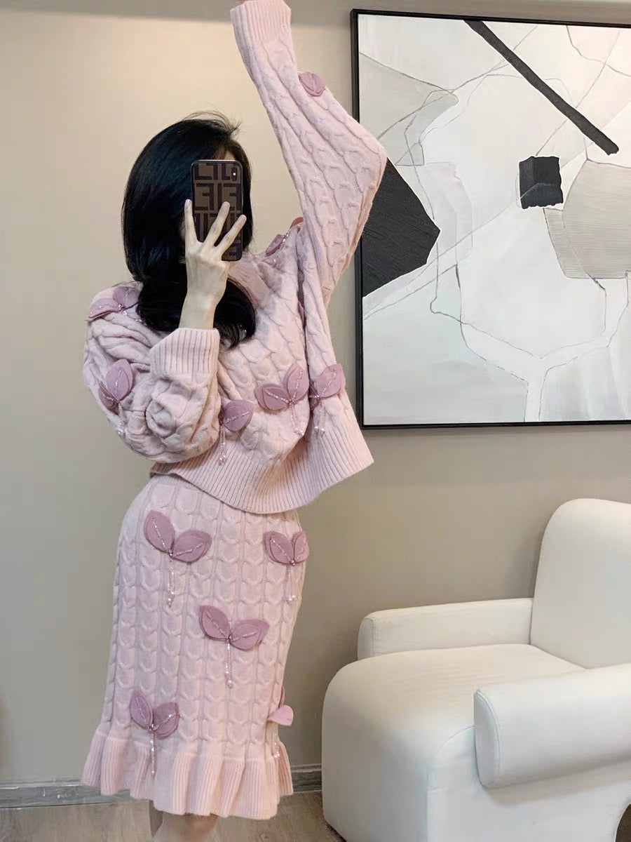 Autumn and winter fashionable little Hong Kong style retro chic fashion casual lazy knitted fishtail skirt two-piece suit for women (B5915)