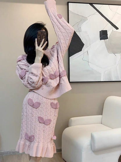 Autumn and winter fashionable little Hong Kong style retro chic fashion casual lazy knitted fishtail skirt two-piece suit for women (B5915)