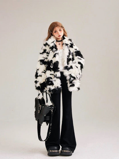 11SH97 Black and white plush fur coat for women winter new style warm loose cardigan long top
