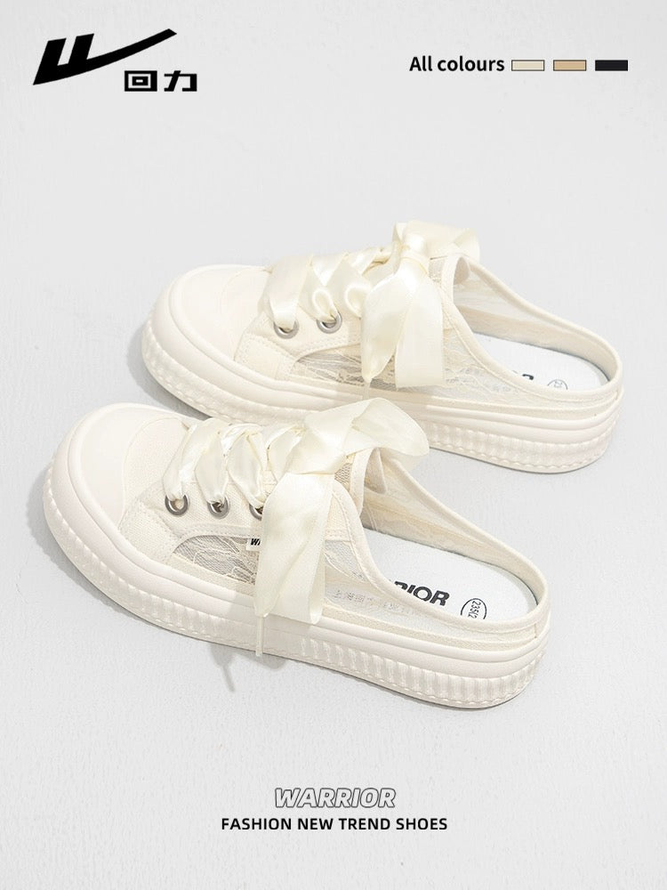 Pull back lazy one-legged Baotou half-slippers for women 2024 spring new mesh breathable canvas shoes casual sneakers