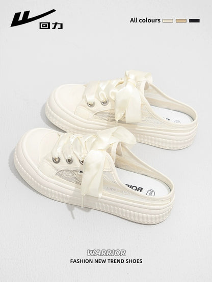 Pull back lazy one-legged Baotou half-slippers for women 2024 spring new mesh breathable canvas shoes casual sneakers