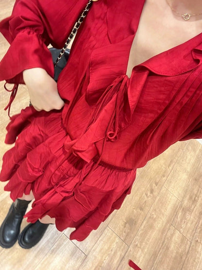 Early autumn foreign style age-reducing high-end sense red suit ruffled shirt top skirt two-piece dress female