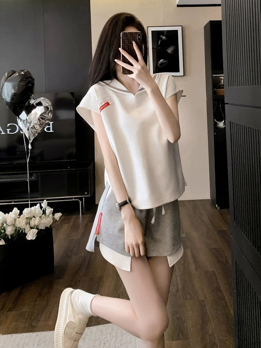 A complete set of playful and lively running sports, casual and fashionable short-sleeved shorts two-piece suits for women in summer for small people