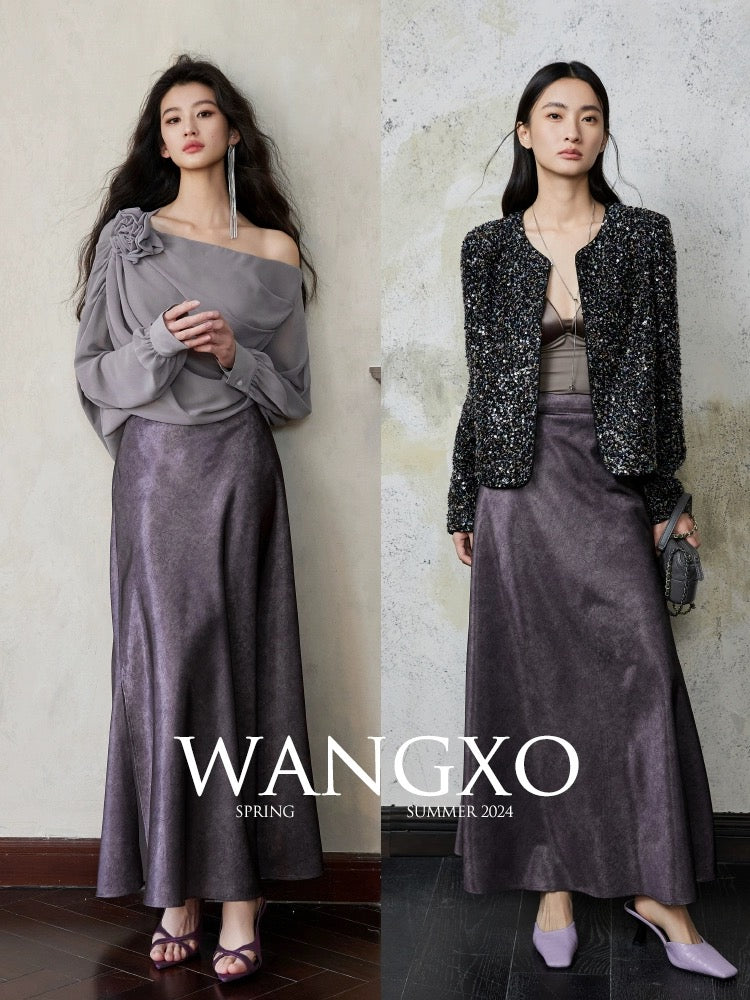 WANGXO｜Gorgeous gilt luster｜Imitation acetate satin cracked texture｜Retro high-end hip-hugging skirt for women