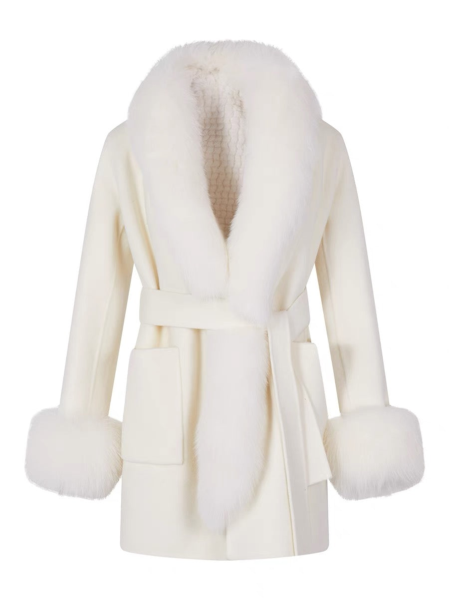 Shanxi said fox fur collar splicing 100% wool double-sided woolen coat vest jacket women's winter temperament two-piece set (B8895)