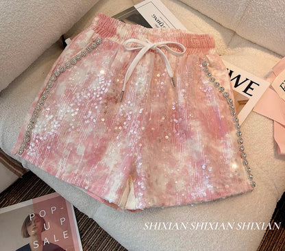 Xiaoxiangfeng pink denim shorts women's summer design sense heavy industry diamond chain sequins high waist loose casual hot pants trend