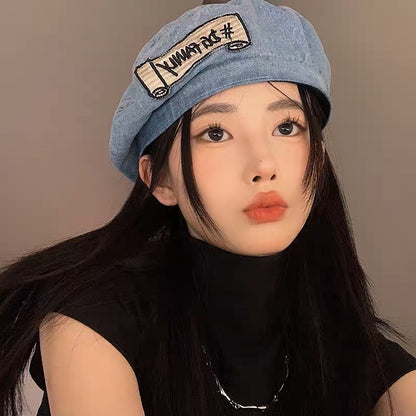 Patch denim beret women's spring and summer Korean style all-match face-showing little bud painter's hat Japanese style big head hat