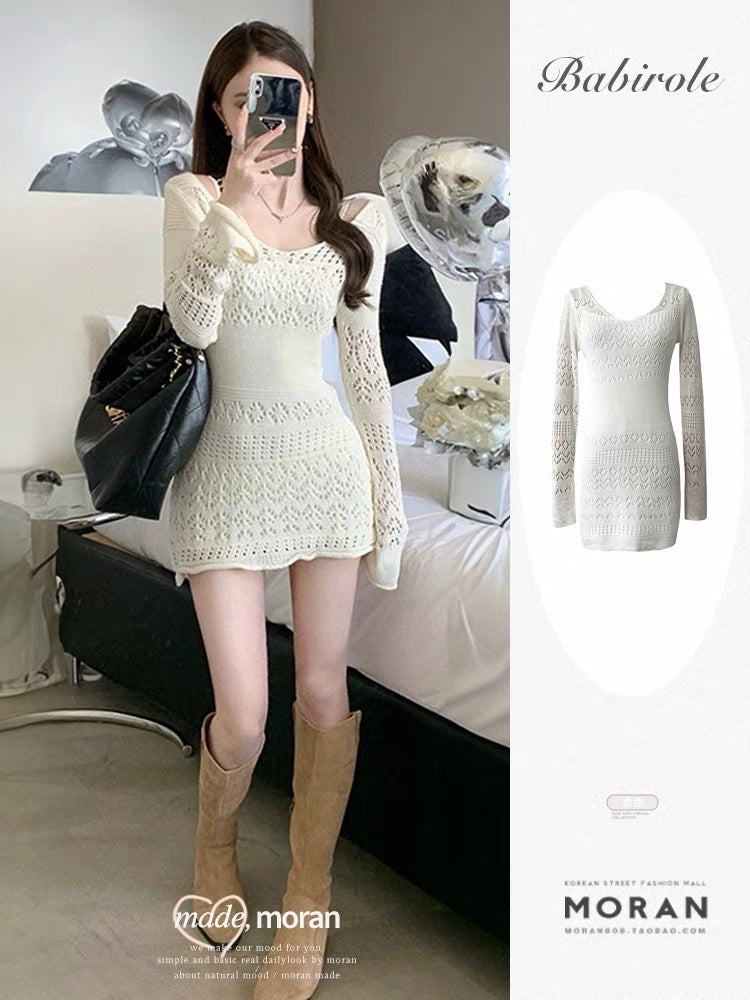 Pure Desire Spice Girls White Knitted Hollow Dress Long Sleeves Slim Slim Slim Early Autumn New Waist Slim Sweater Dress