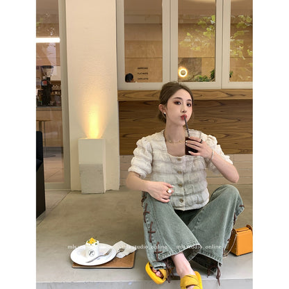 MLS square collar shirt for women 2024 new summer high-end niche shirt unique chic top age-reducing shirt